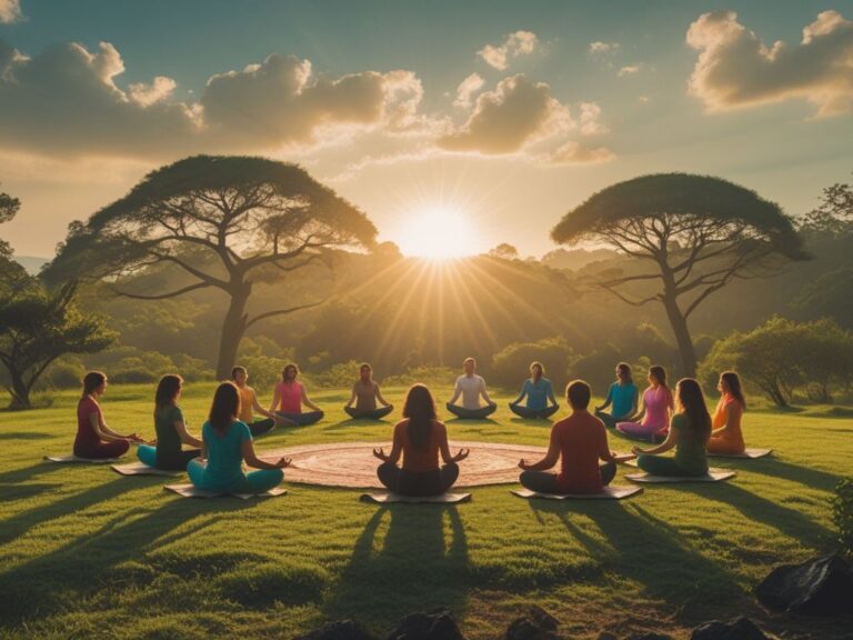 Pessoas sentadas em círculo meditando ao ar livre durante o pôr do sol, cercadas por árvores e natureza exuberante.